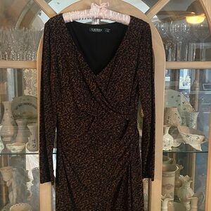 Ralph Lauren Dress Faux Wrap Ruched Surplice, leopard print, slip on.